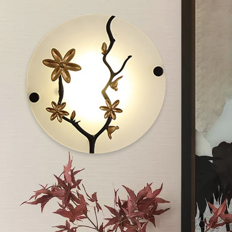 Flower Branch Bedside Mural Wall Lamp Opal Frosted Glass LED Asia Wall Mounted Light in Gold
