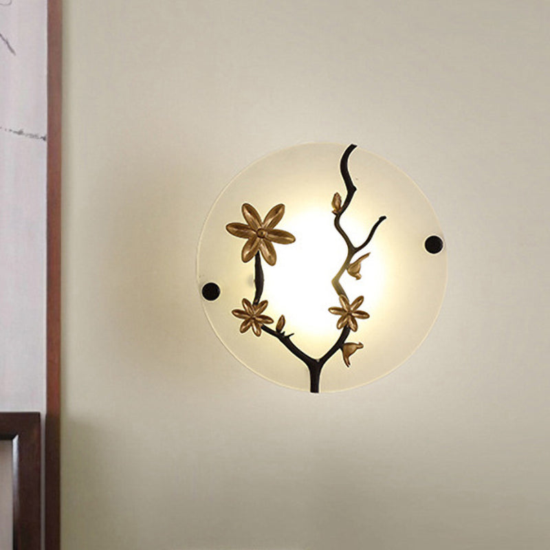 Flower Branch Bedside Mural Wall Lamp Opal Frosted Glass LED Asia Wall Mounted Light in Gold