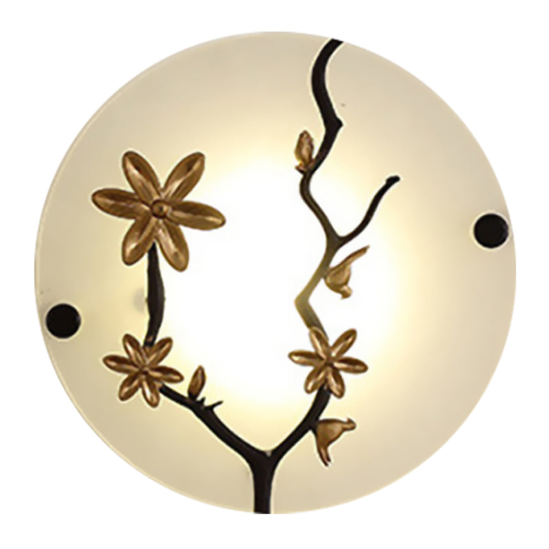 Flower Branch Bedside Mural Wall Lamp Opal Frosted Glass LED Asia Wall Mounted Light in Gold