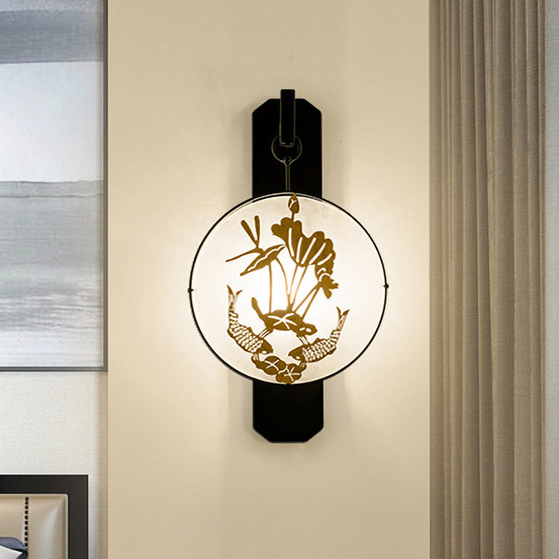 Carp and Lotus Leaves Mural Sconce Light Chinese Fabric 1-Light Bedroom Wall Lamp in Black-Gold