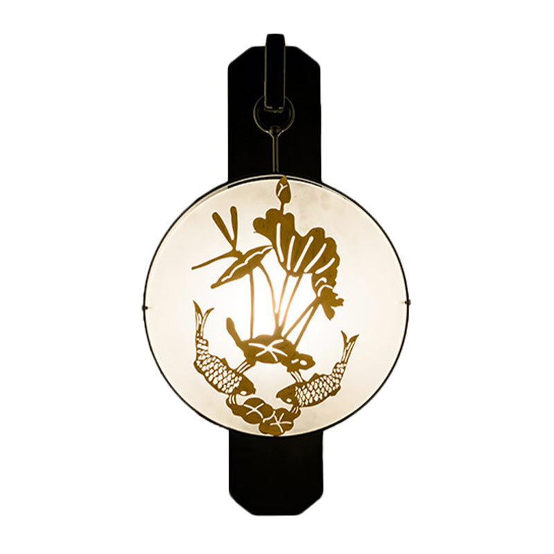 Carp and Lotus Leaves Mural Sconce Light Chinese Fabric 1-Light Bedroom Wall Lamp in Black-Gold