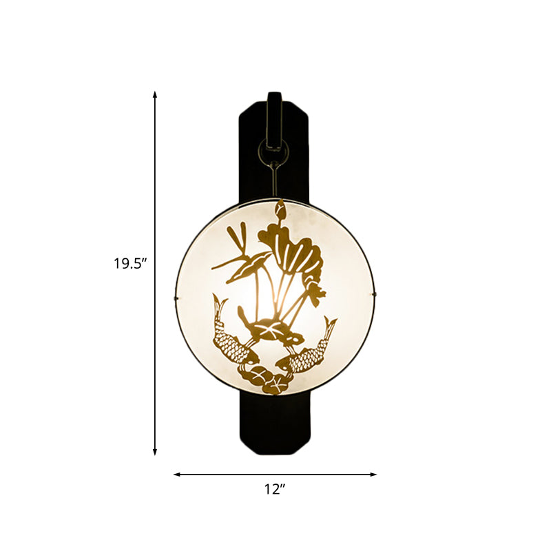 Carpa y hojas de loto de loto Lámpara de pared de la tela china de la tela de 1 luz en el oro negro