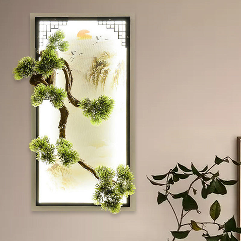 Chinese Landscape Iron Mural Sconce Light LED Flush Mount with Pine Tree Decor in Green