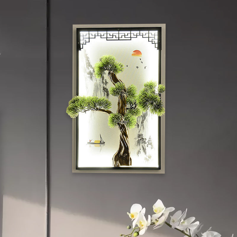 Chinese Landscape Iron Mural Sconce Light LED Flush Mount with Pine Tree Decor in Green