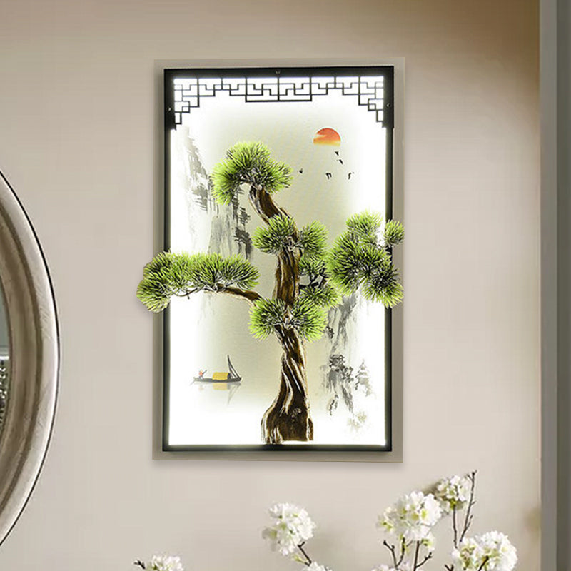 Chinese Landscape Iron Mural Sconce Light LED Flush Mount with Pine Tree Decor in Green