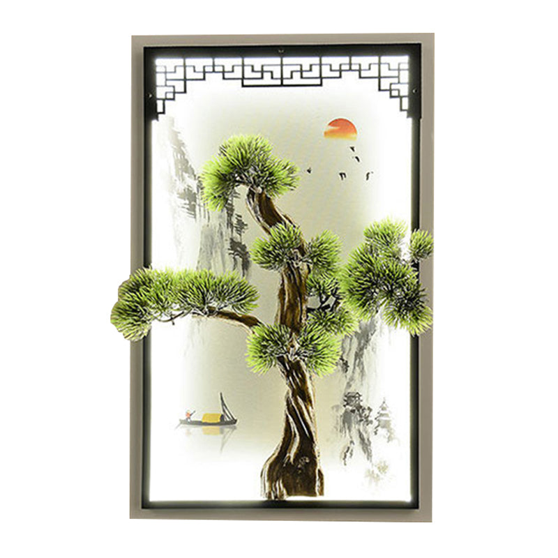 Chinese Landscape Iron Mural Sconce Light LED Flush Mount with Pine Tree Decor in Green