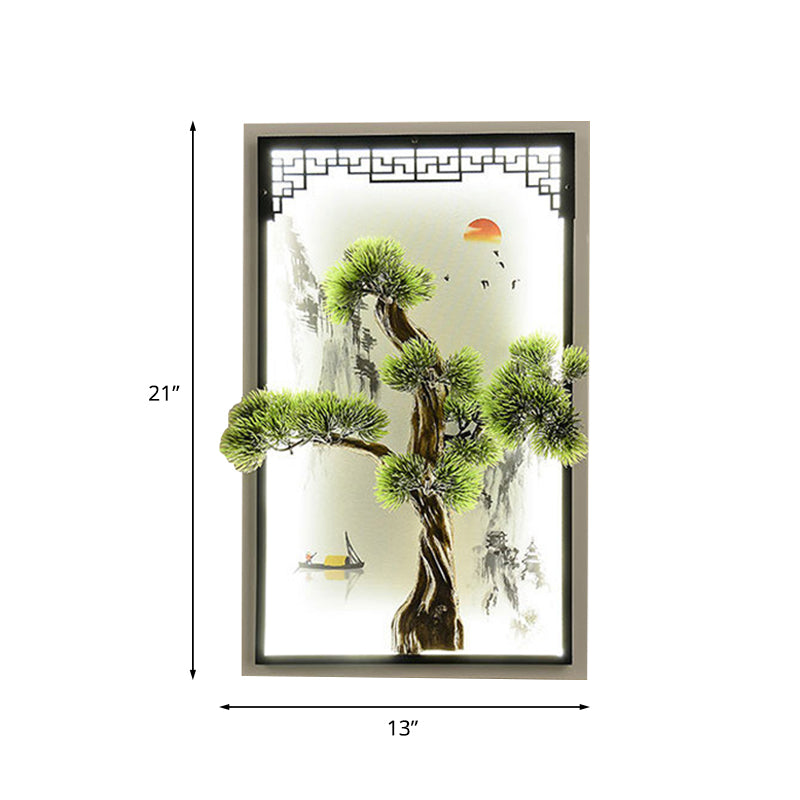Chinese Landscape Iron Mural Sconce Light LED Flush Mount with Pine Tree Decor in Green