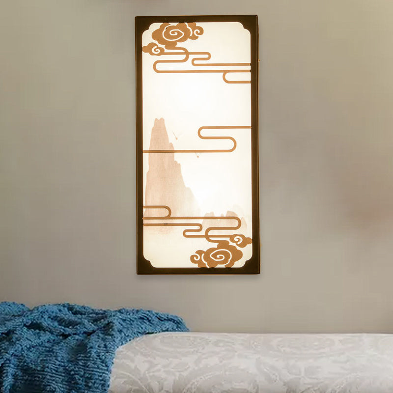 Cloud Patterned Box Mural Light Asian Fabric 2-Light Black Wall Mounted Lamp for Bedroom