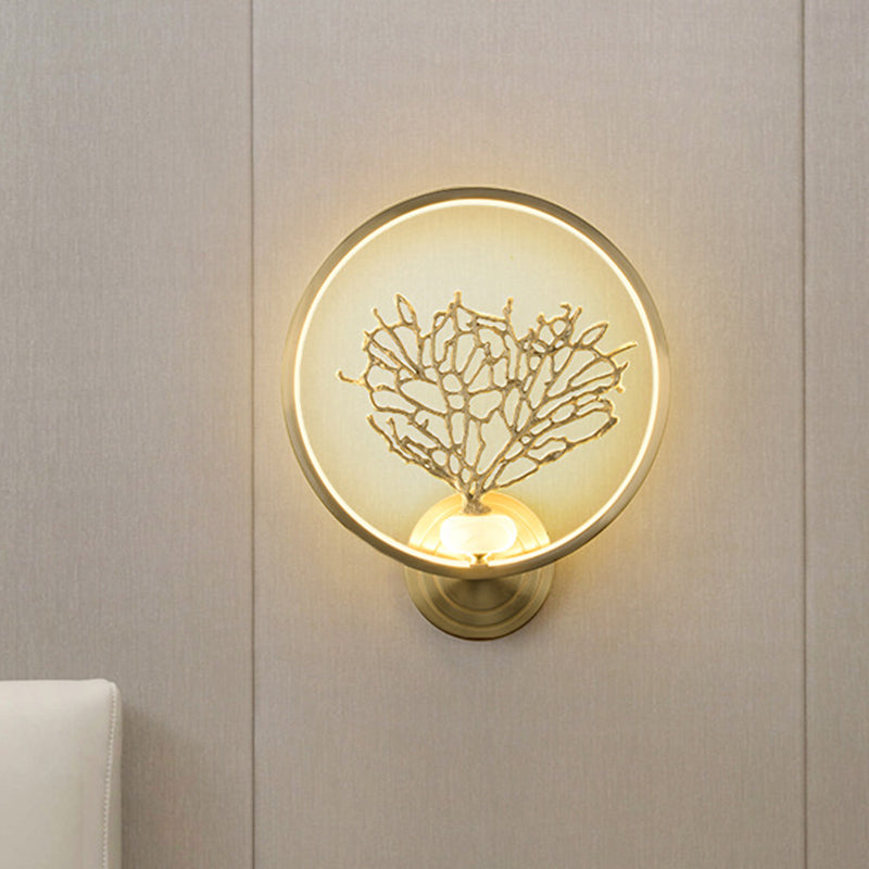 Gold Tree Wall Mount Light Contemporary LED Metallic Wall Mural Lamp with Glowing Hook
