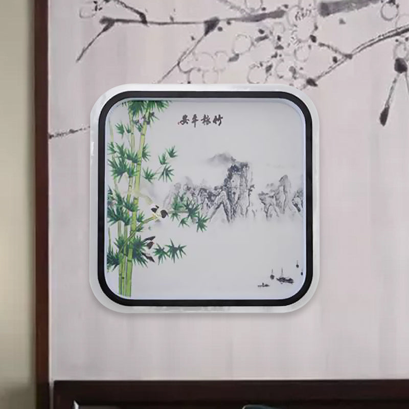 Chinese Style LED Flush Mount Black Leaf/Flower Painting Wall Mural Lighting with Fabric Shade
