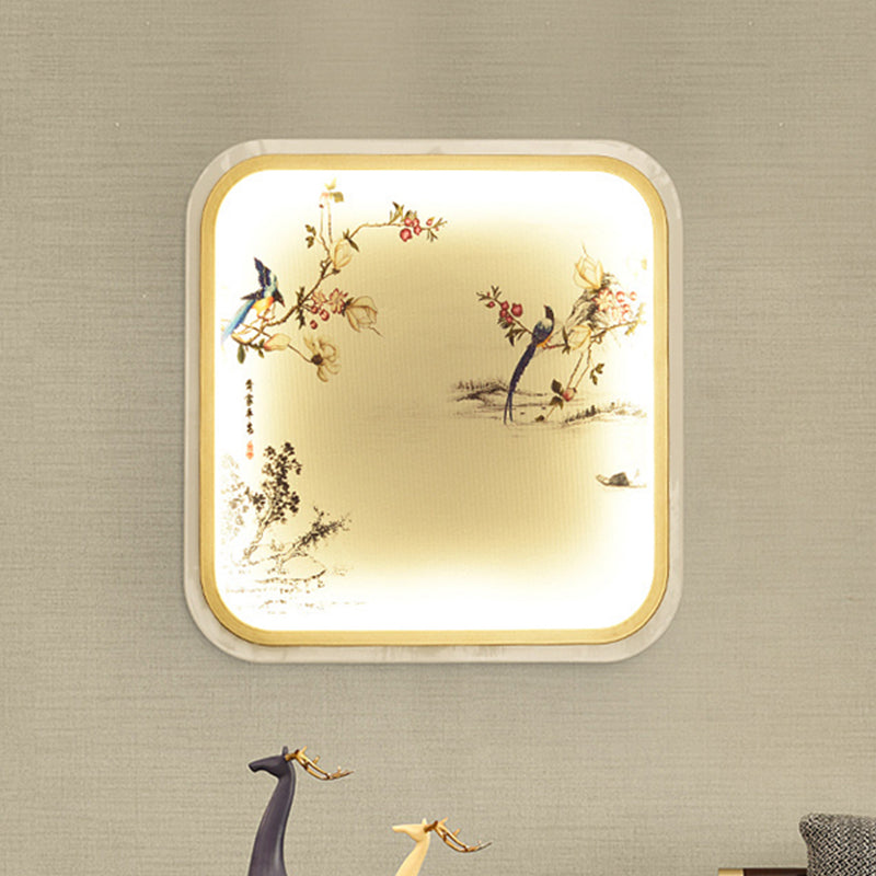 Chinese Style LED Flush Mount Black Leaf/Flower Painting Wall Mural Lighting with Fabric Shade