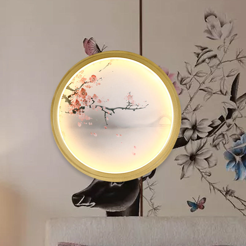 Hand-Paint Flower/Mountain Mural Lighting Chinese Fabric Living Room LED Wall Sconce with Gold Round/Square Frame