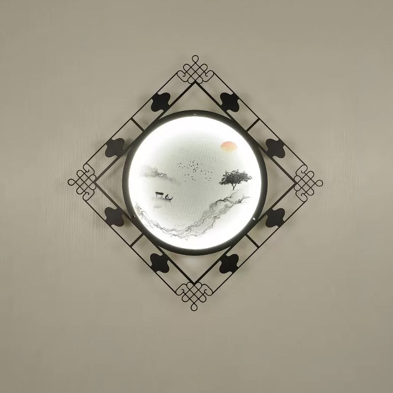 Living Room LED Wall Mural Lighting Chinese Black Wall Mount Fixture with Rhombus Metal Frame