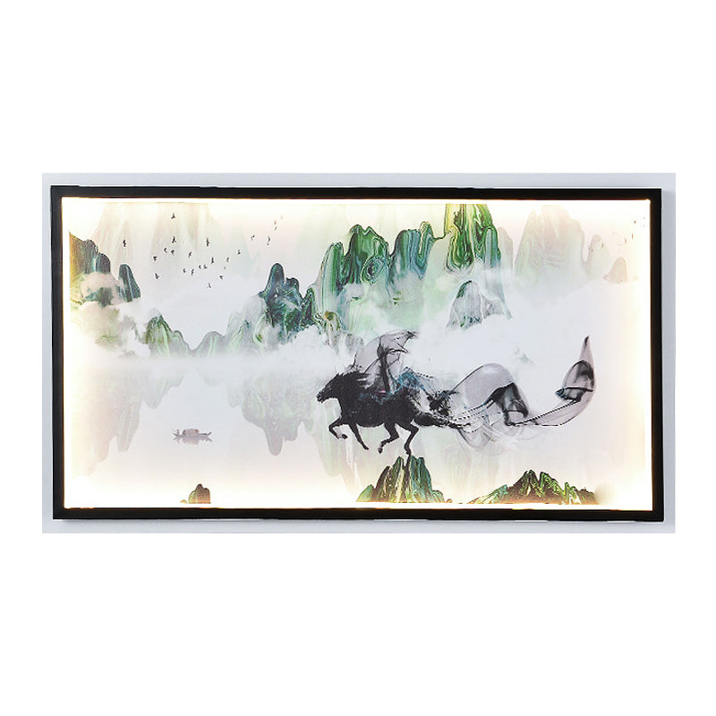 Chinese Steed and Landscape Mural Lamp Fabric Parlor LED Wall Mounted Lighting in Black