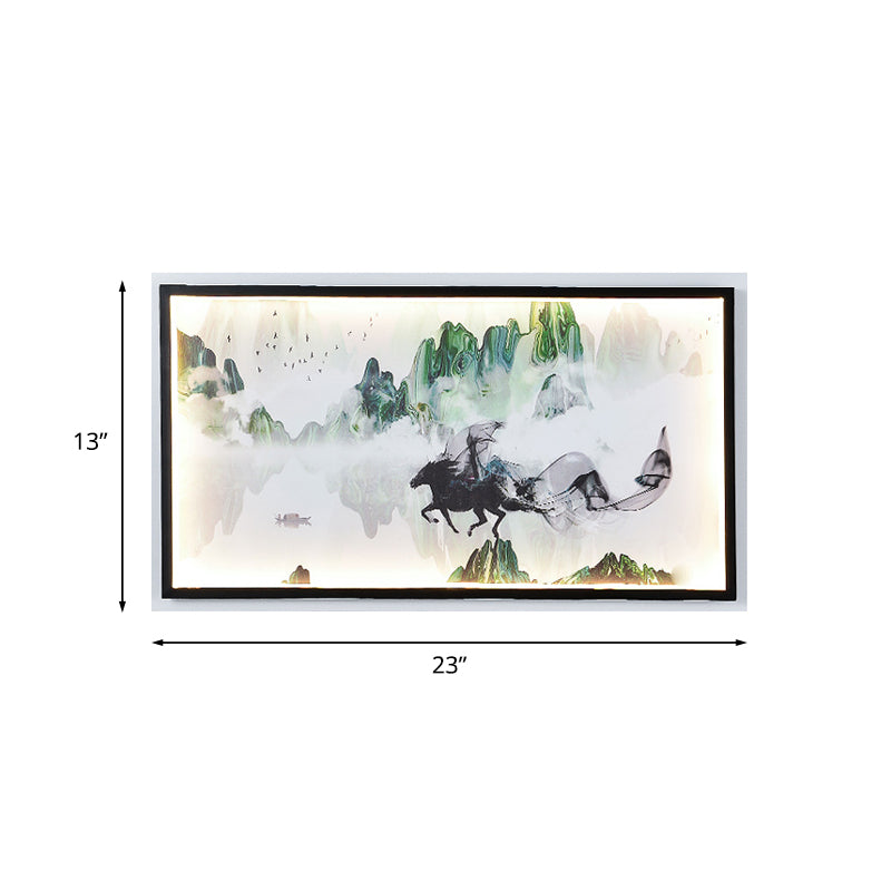 Chinese Steed and Landscape Mural Lamp Fabric Parlor LED Wall Mounted Lighting in Black