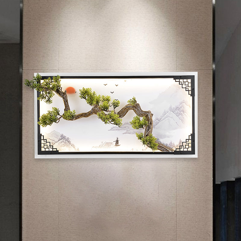 Pine Branch LED Wall Mural Lamp Asia Iron Living Room LED Sconce Lighting in White-Green