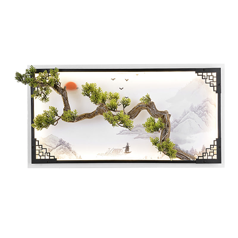 Pine Branch LED Wall Mural Lamp Asia Iron Living Room LED Sconce Lighting in White-Green