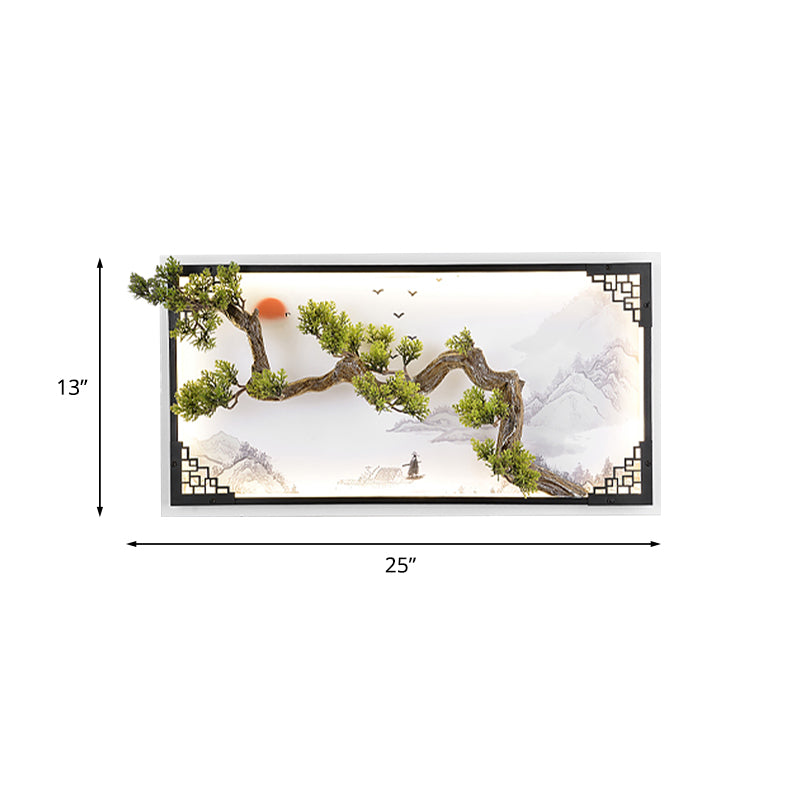 Pine Branch LED Wall Mural Lamp Asia Iron Living Room LED Sconce Lighting in White-Green