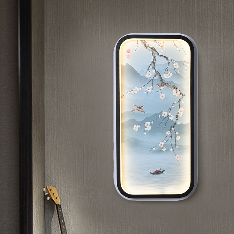 Plum Blossom Living Room Mural Light Fabric Asian Style LED Wall Sconce Lighting in Blue