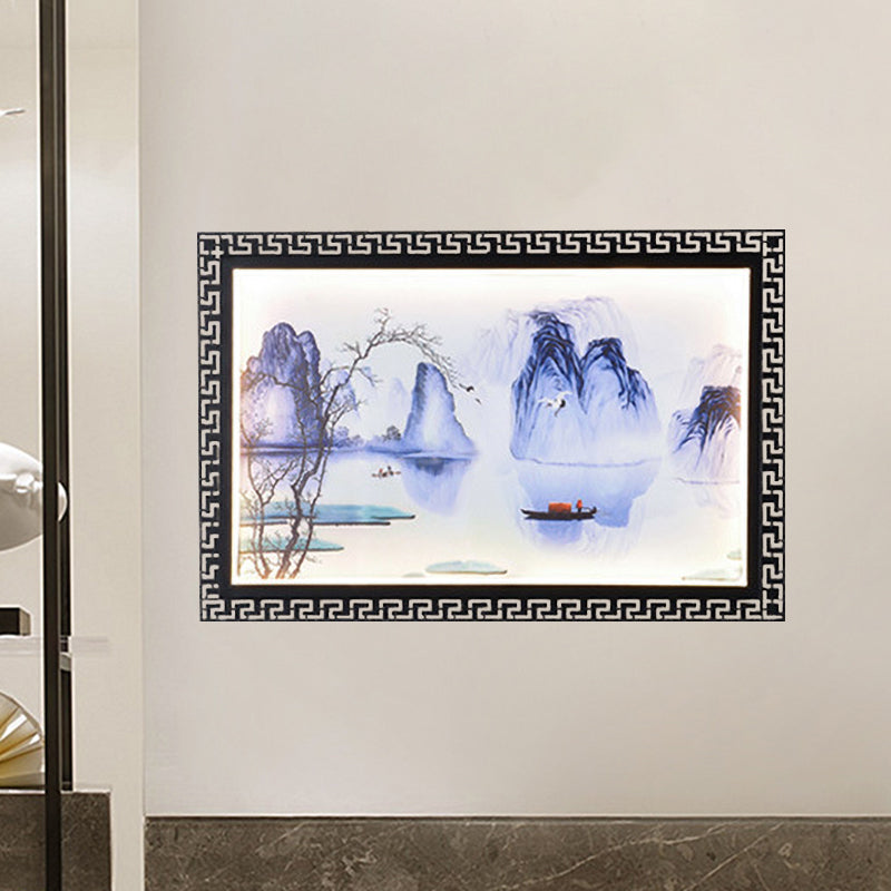 Dark Blue Mountain Scene Mural Lighting Asia LED Fabric Wall Mounted Lamp for Family Room