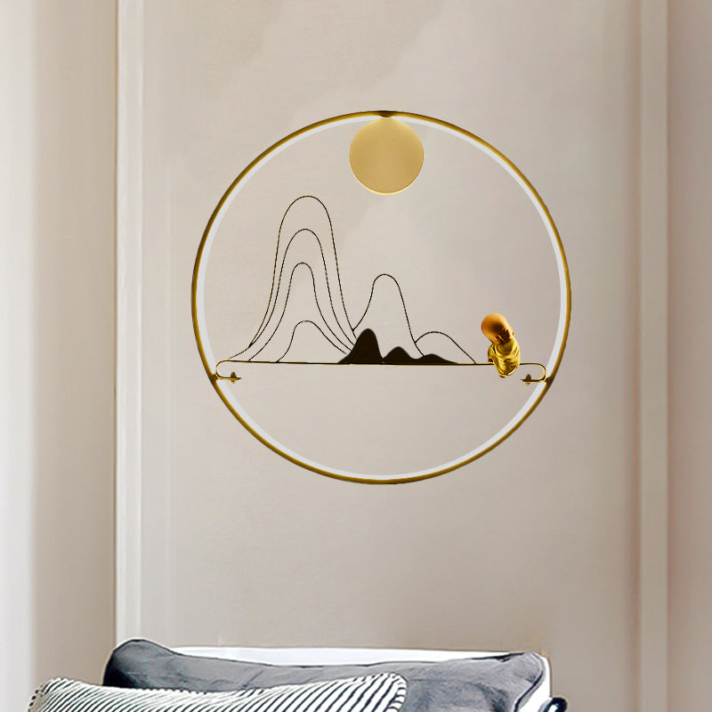 Mountain and Monk Mural Wall Lamp Creative Chinese Style Fabric Gold LED Sconce Light