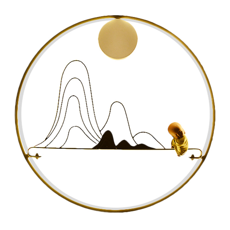 Mountain and Monk Mural Wall Lamp Creative Chinese Style Fabric Gold LED Sconce Light
