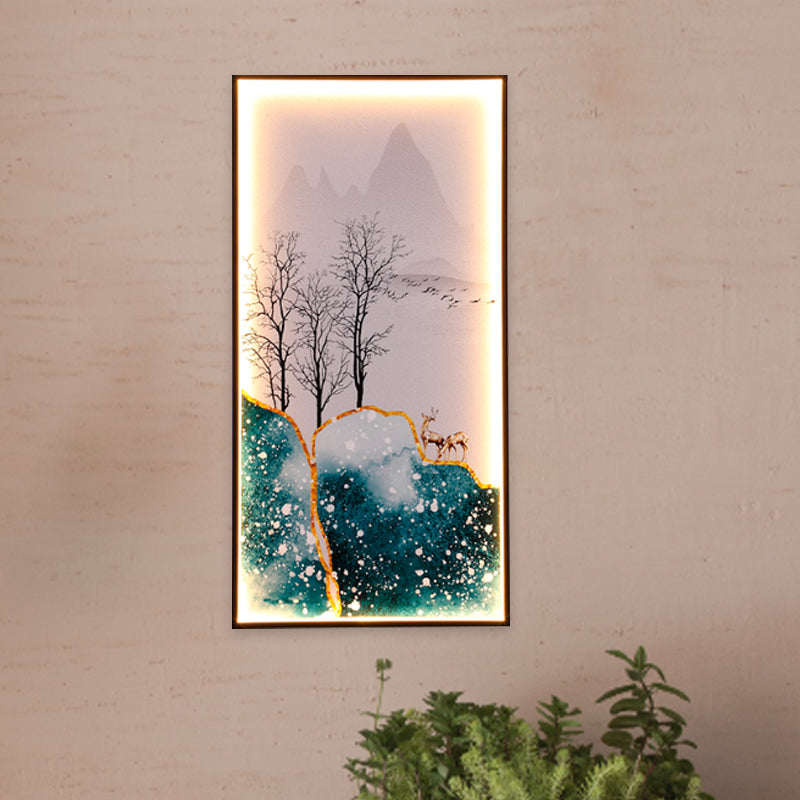 Rectangular Wall Mural Light Asia Fabric Tearoom LED Sconce with Fish/Elk Pattern, Blue