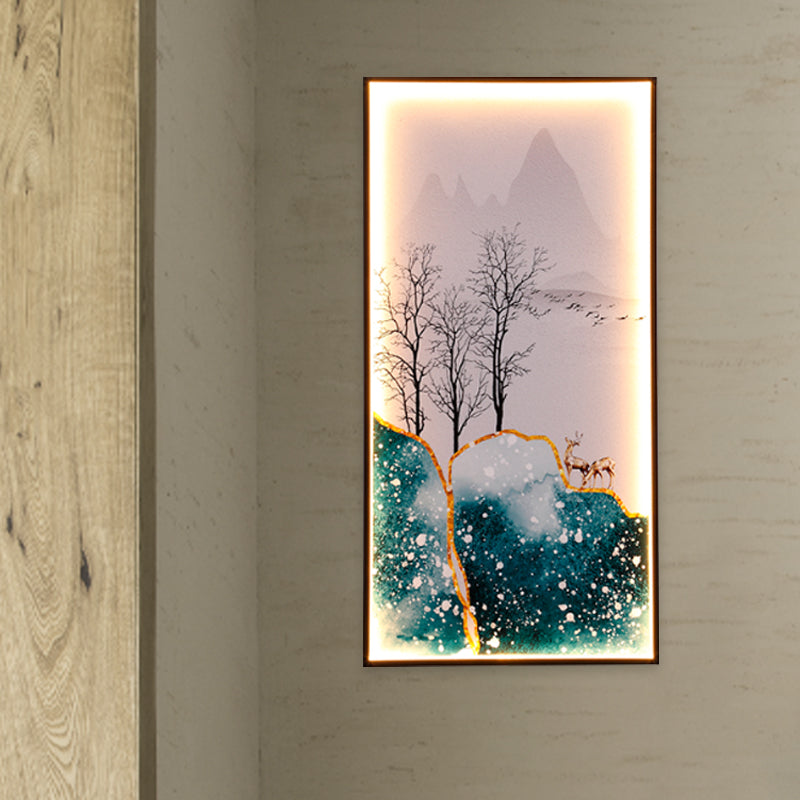 Rectangular Wall Mural Light Asia Fabric Tearoom LED Sconce with Fish/Elk Pattern, Blue