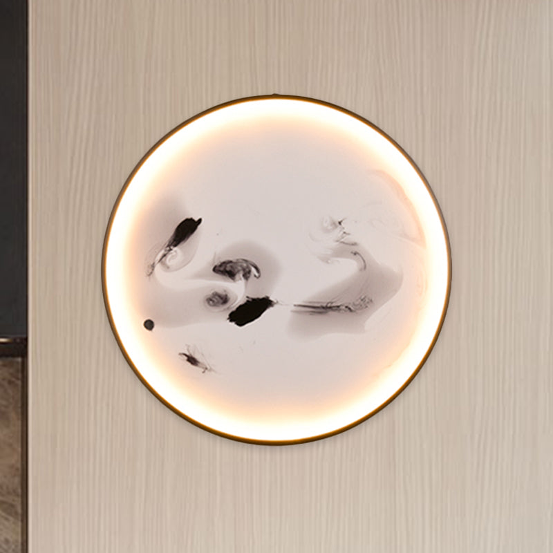 Misty Mountains/Carp Fish Mural Lamp Chinese Style Fabric Sitting Room LED Wall Mounted Light in Black