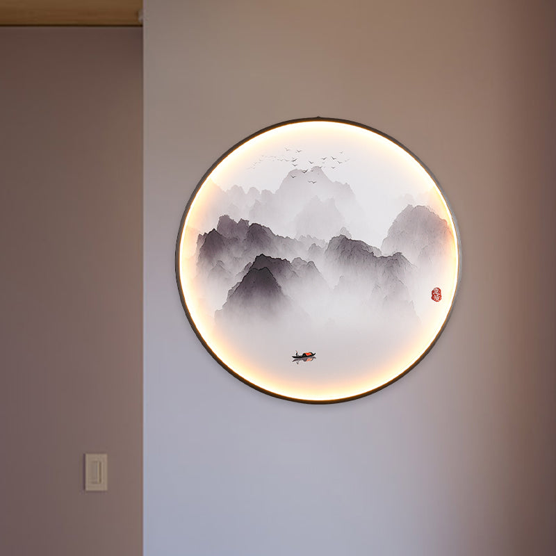 Misty Mountains/Carp Fish Mural Lamp Chinese Style Fabric Sitting Room LED Wall Mounted Light in Black