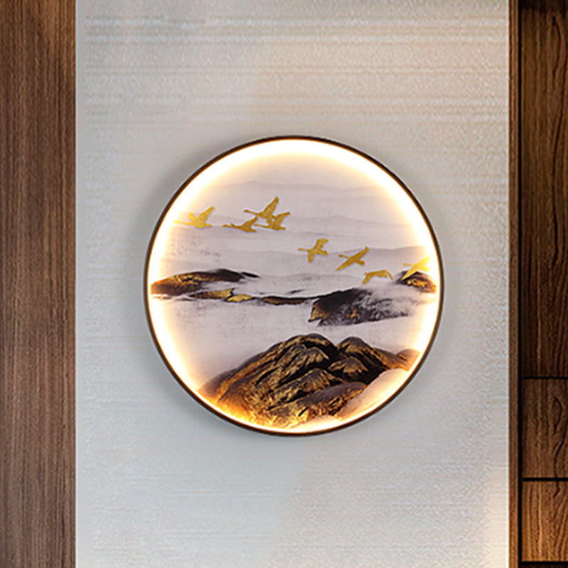 Chinese Birds/Elk Design Wall Art Metal Living Room LED Mural Wall Mount Lighting in Black