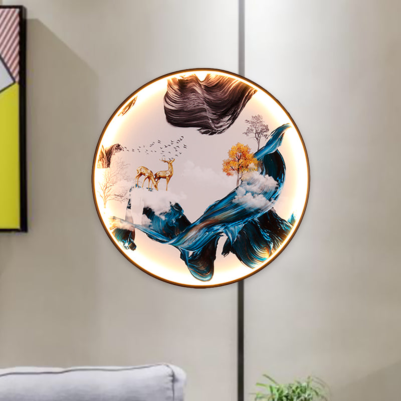 Chinese Birds/Elk Design Wall Art Metal Living Room LED Mural Wall Mount Lighting in Black