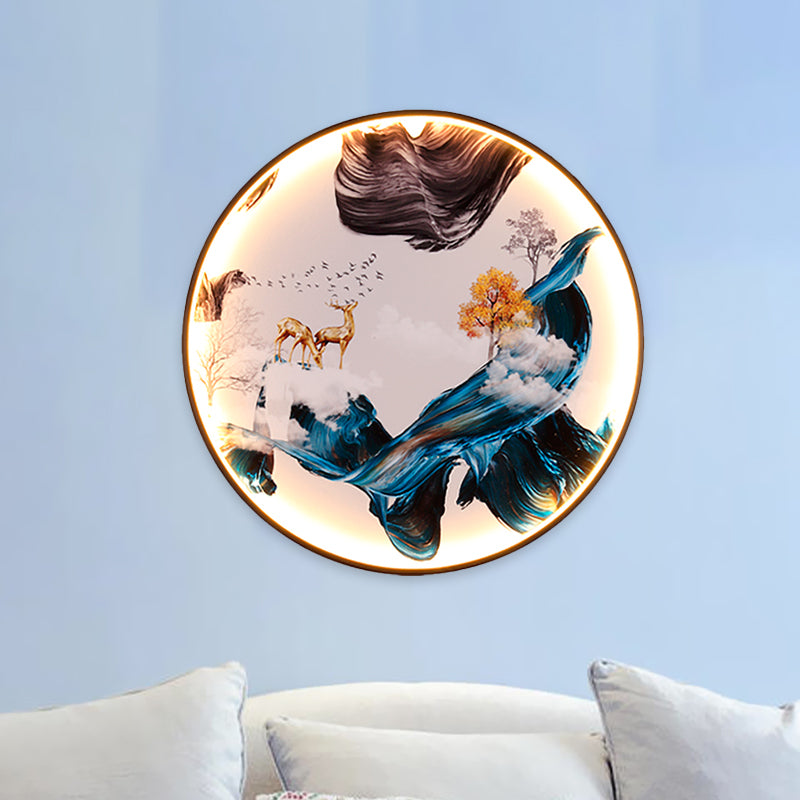 Chinese Birds/Elk Design Wall Art Metal Living Room LED Mural Wall Mount Lighting in Black