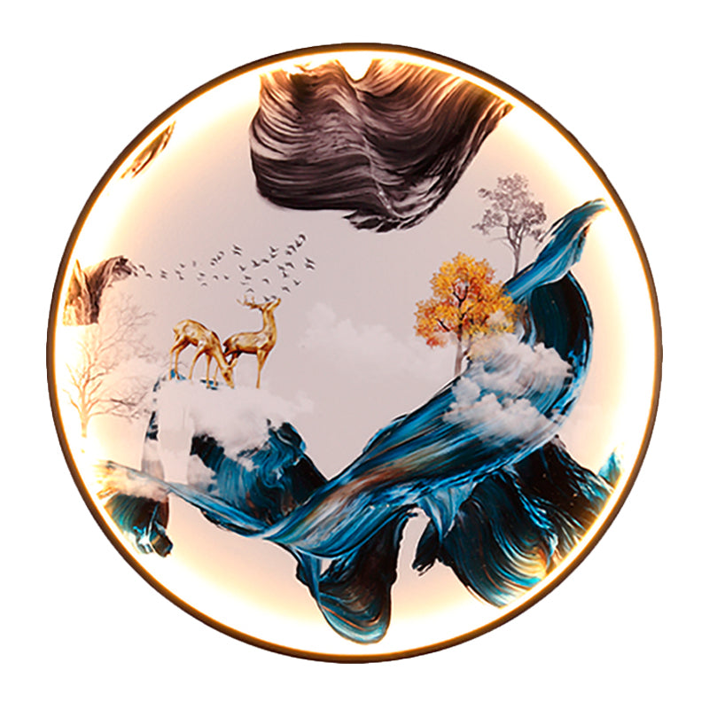 Chinese Birds/Elk Design Wall Art Metal Living Room LED Mural Wall Mount Lighting in Black