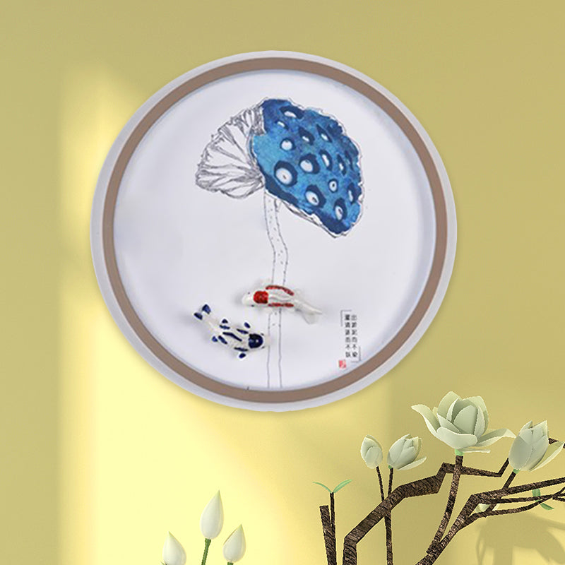 Watercolour Mountains/Fish Mural Lighting Chinese Style Iron Bedroom LED Wall Mount Light Fixture in White