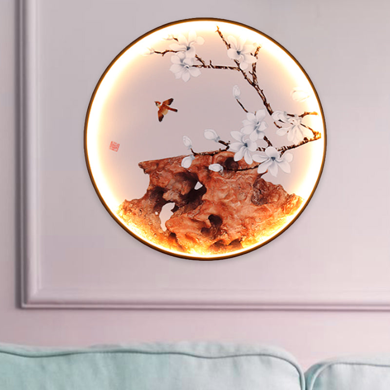 Elk/Bird Painting Wall Mural Lamp Asia Fabric Black LED Sconce Light Fixture for Tearoom