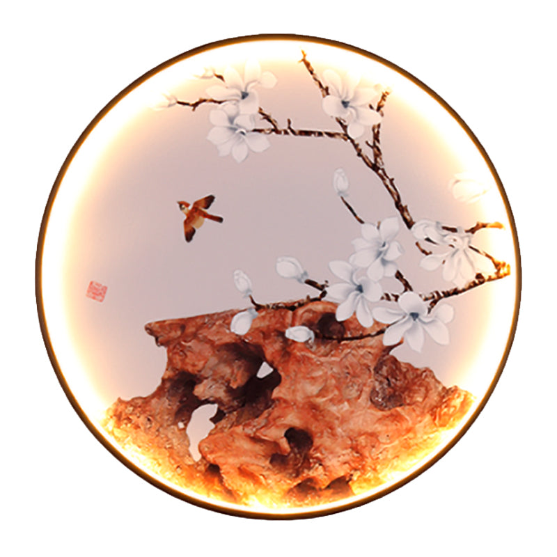 Elk/Bird Painting Wall Mural Lamp Asia Fabric Black LED Sconce Light Fixture for Tearoom