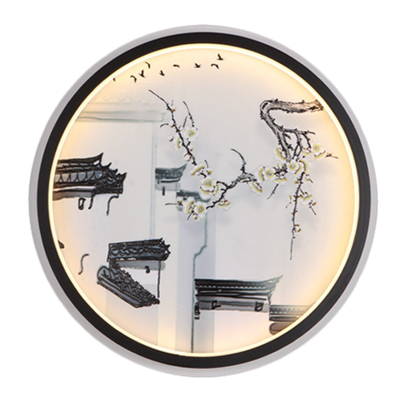Zwart-wit oude huizen muurschildering licht Chinese led stoffen muurlicht sconce voor zitkamer