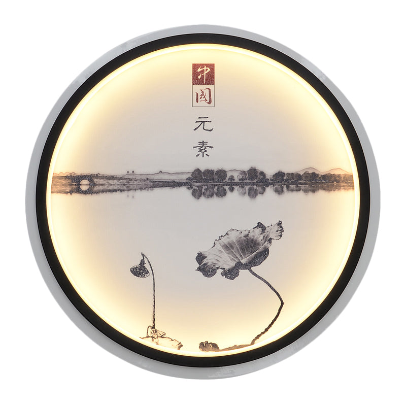 Lotus Lake Tearoom LED Wall Lamp Fabric Chinese Style Mural Sconce Lighting in Black