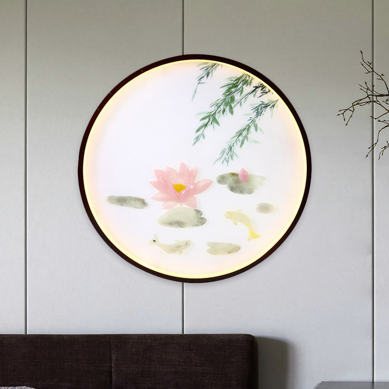 Pink Lotus Mural Wall Lighting Ideas Asian Acrylic Integrated LED Flush Mount Wall Sconce