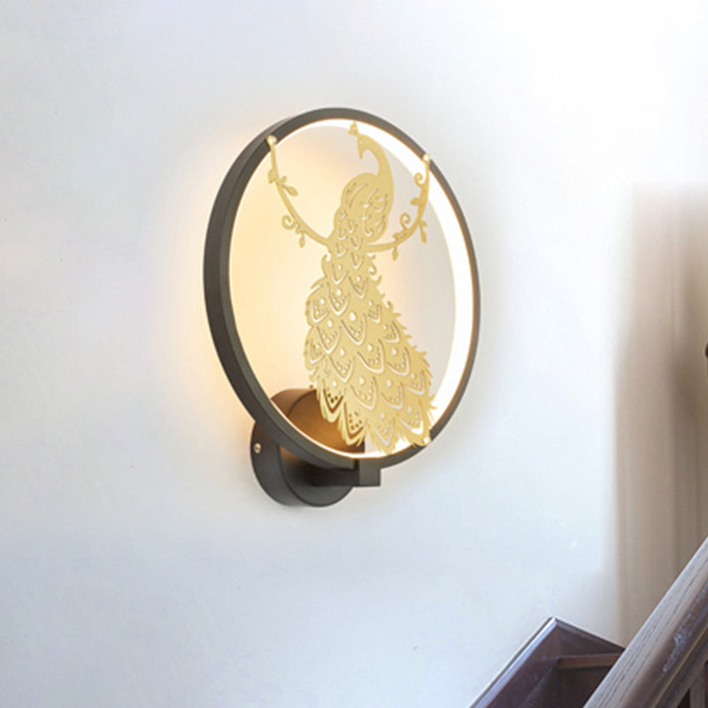 Eigentijdse pauw muurschildering muur licht aluminium woonkamer led hoepel sconce verlichting in zwart en goud