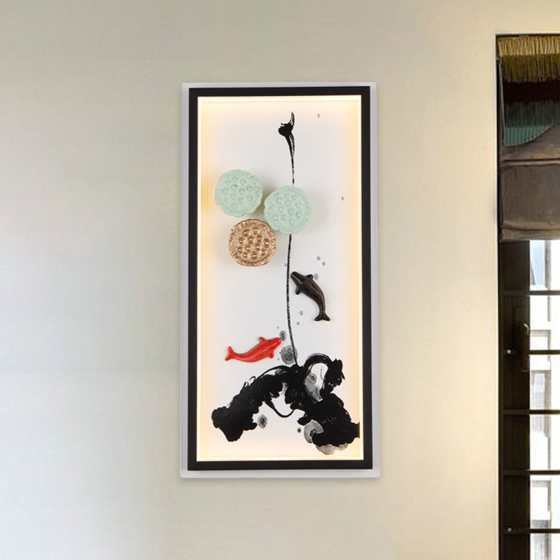 Chinese Ink Painting Mural Light Fabric Sitting Room LED Wall Lighting Fixture in Black