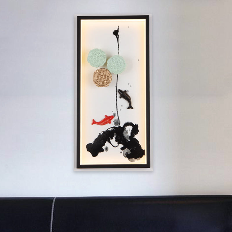 Chinese Ink Painting Mural Light Fabric Sitting Room LED Wall Lighting Fixture in Black
