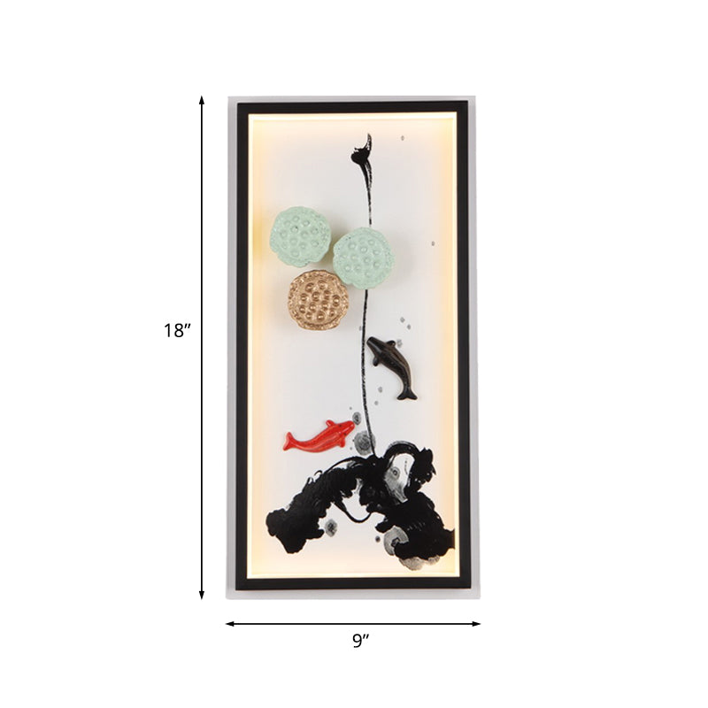 Chinese Ink Painting Mural Light Fabric Sitting Room LED Wall Lighting Fixture in Black