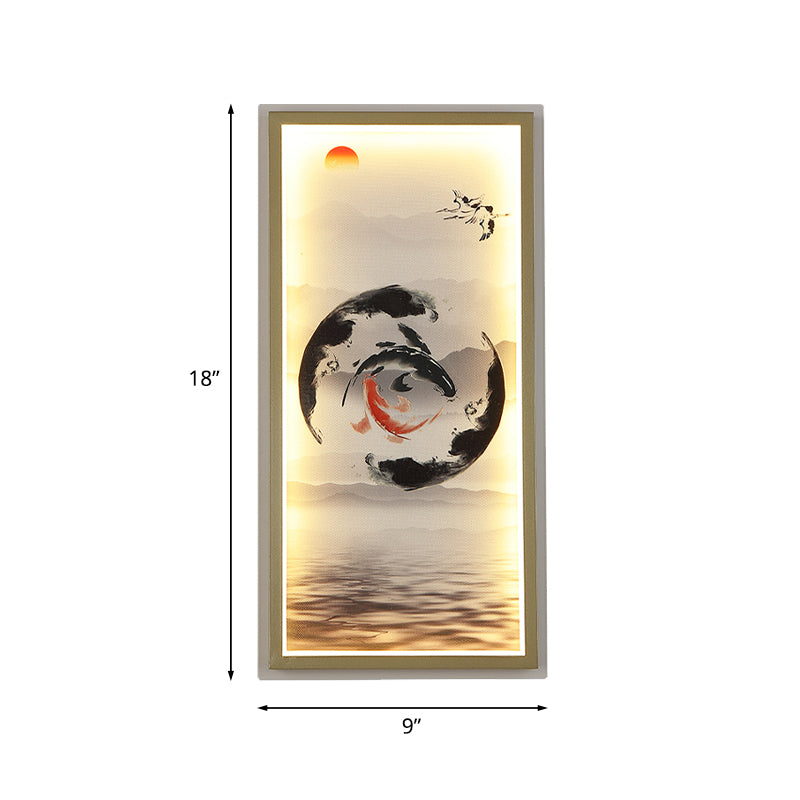 Chinese Carps Painting Fabric Mural Lamp LED Wall Sconce Light in Black and Red for Dining Room