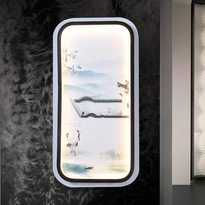 Salon-LED-Wandleuchte Asien Schwarz-Weiß-Leuchten mit Landschaftsmalerei Stoffton