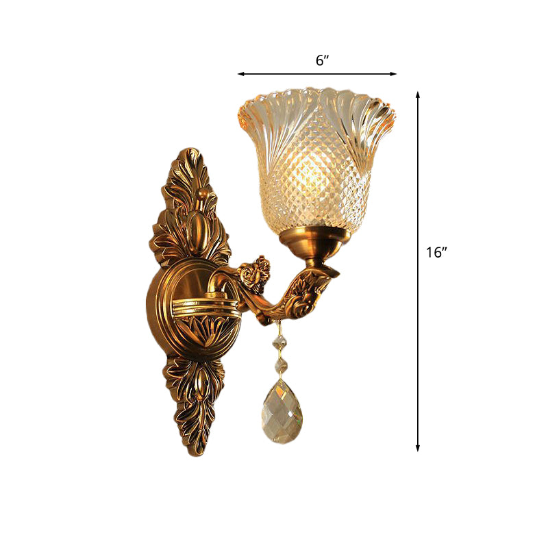 Lattice Glass Bell Wall Light Traditional 1/2-Head Living Room Sconce Lighting in Brass