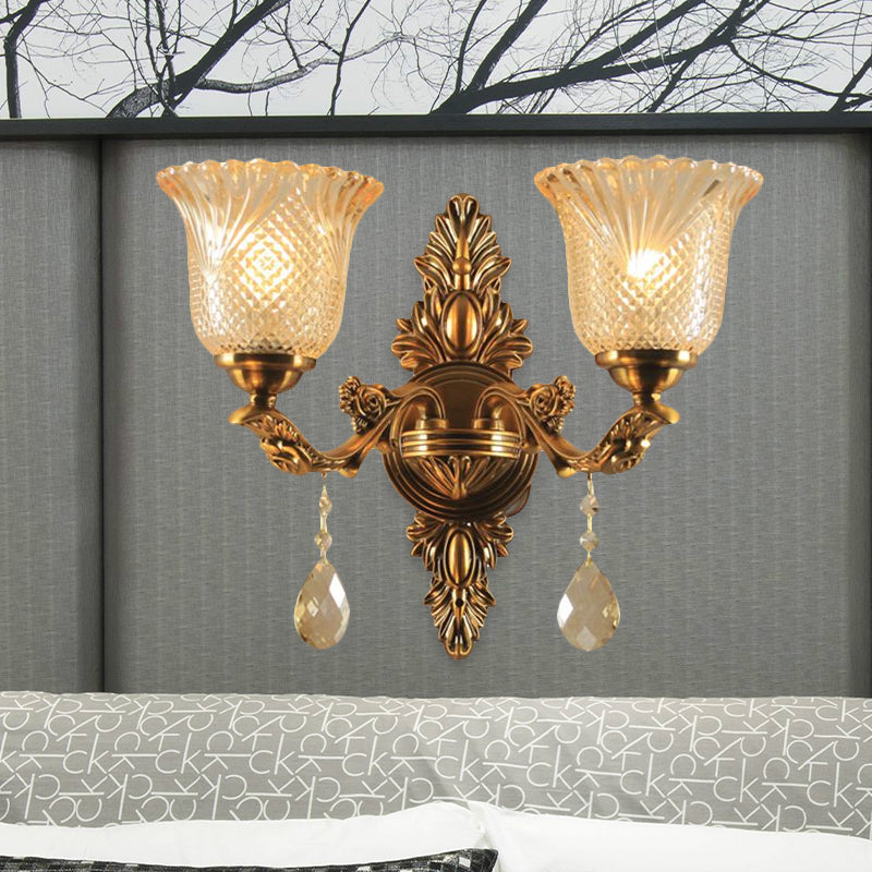 Lattice Glass Bell Wall Light Traditional 1/2-Head Living Room Sconce Lighting in Brass