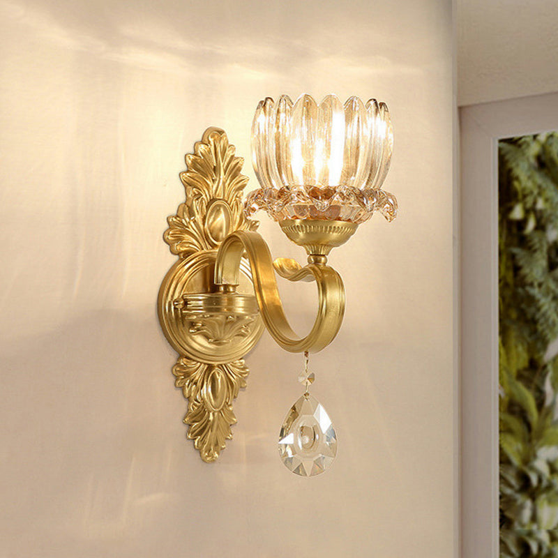 1-Bulb Lotus Wall Light Sconce Antique Brass Clear Glass Wall Mounted Lamp for Living Room