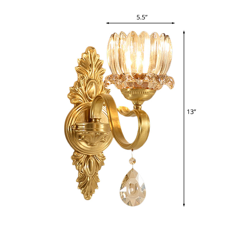 1-Bulb Lotus Wall Light Sconce Antique Brass Clear Glass Wall Mounted Lamp for Living Room
